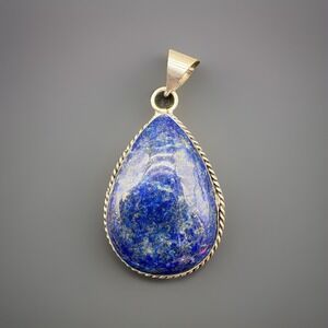 Silver Plated Lapis Lazuli Pendant Teardrop Roped Bezel Large Blue Stone 22x32mm